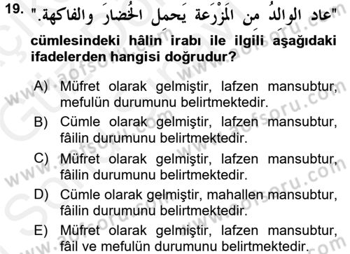 Arapça 3 Dersi 2017 - 2018 Yılı (Final) Dönem Sonu Sınav Soruları 19. Soru