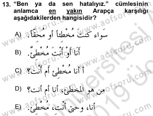 Arapça 3 Dersi 2018 - 2019 Yılı 3 Ders Sınav Soruları 13. Soru