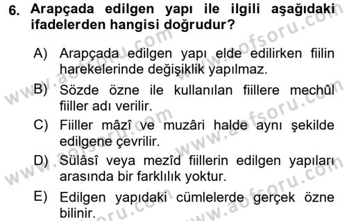 Arapça 3 Dersi Ara Sınavı Deneme Sınav Soruları 6. Soru