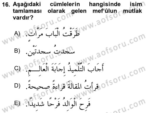 Arapça 3 Dersi 2018 - 2019 Yılı (Final) Dönem Sonu Sınav Soruları 16. Soru