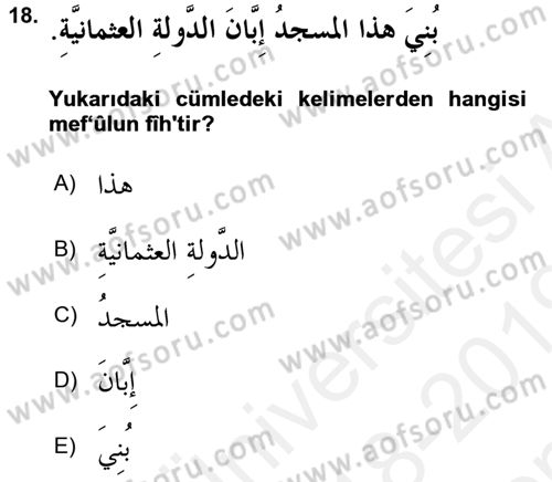 Arapça 3 Dersi 2018 - 2019 Yılı (Final) Dönem Sonu Sınav Soruları 18. Soru