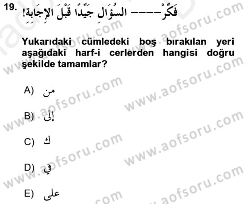 Arapça 3 Dersi 2018 - 2019 Yılı (Final) Dönem Sonu Sınav Soruları 19. Soru