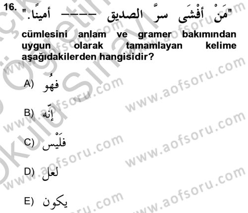 Arapça 3 Dersi 2018 - 2019 Yılı Yaz Okulu Sınav Soruları 16. Soru