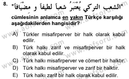 Arapça 3 Dersi 2018 - 2019 Yılı Yaz Okulu Sınav Soruları 8. Soru