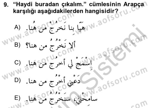 Arapça 3 Dersi 2018 - 2019 Yılı Yaz Okulu Sınav Soruları 9. Soru