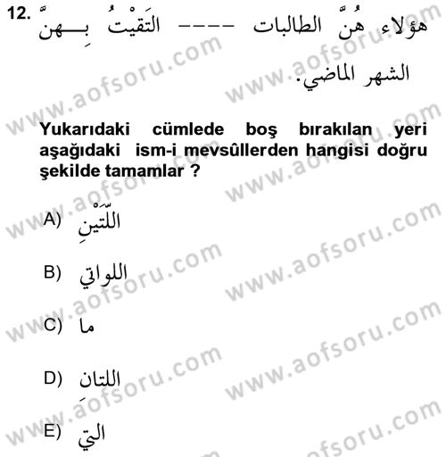 Arapça 3 Dersi 2019 - 2020 Yılı (Vize) Ara Sınav Soruları 12. Soru