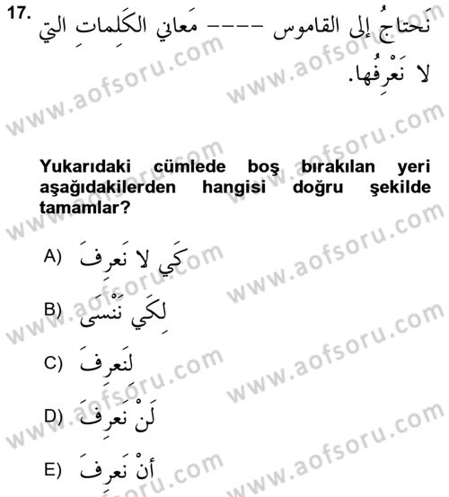 Arapça 3 Dersi 2019 - 2020 Yılı (Vize) Ara Sınav Soruları 17. Soru