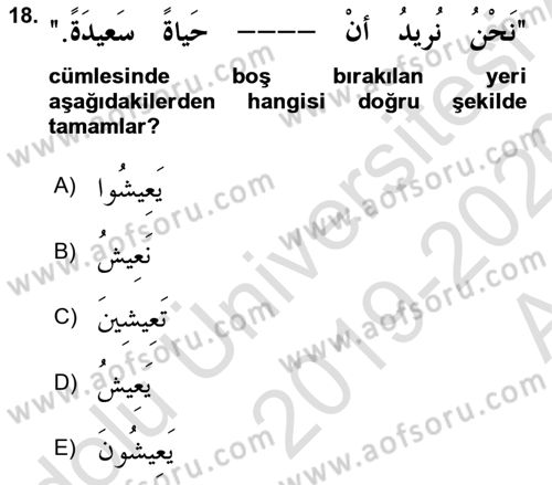 Arapça 3 Dersi 2019 - 2020 Yılı (Vize) Ara Sınav Soruları 18. Soru