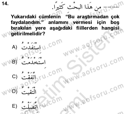 Arapça 3 Dersi 2019 - 2020 Yılı (Final) Dönem Sonu Sınav Soruları 14. Soru