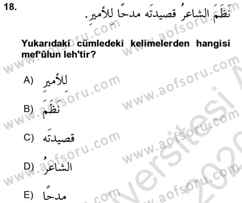 Arapça 3 Dersi 2019 - 2020 Yılı (Final) Dönem Sonu Sınav Soruları 18. Soru