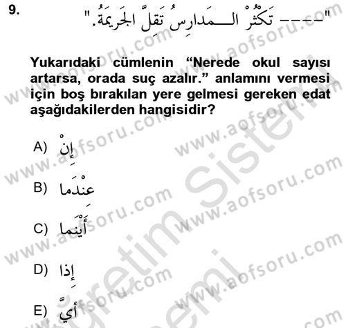 Arapça 3 Dersi 2019 - 2020 Yılı (Final) Dönem Sonu Sınav Soruları 9. Soru