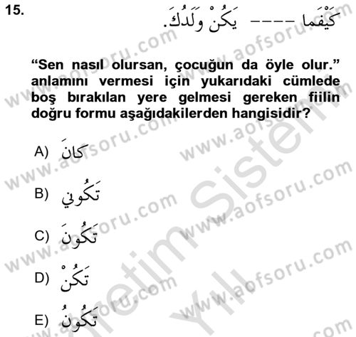Arapça 3 Dersi 2020 - 2021 Yılı Yaz Okulu Sınav Soruları 15. Soru
