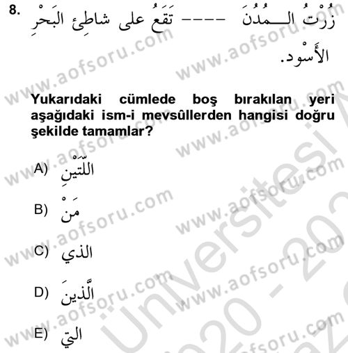 Arapça 3 Dersi 2020 - 2021 Yılı Yaz Okulu Sınav Soruları 8. Soru