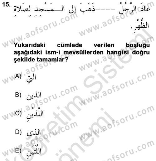 Arapça 3 Dersi 2021 - 2022 Yılı (Vize) Ara Sınav Soruları 15. Soru