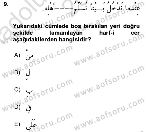 Arapça 3 Dersi 2021 - 2022 Yılı (Vize) Ara Sınav Soruları 9. Soru