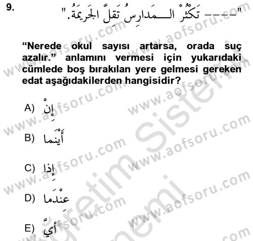Arapça 3 Dersi 2021 - 2022 Yılı (Final) Dönem Sonu Sınav Soruları 9. Soru