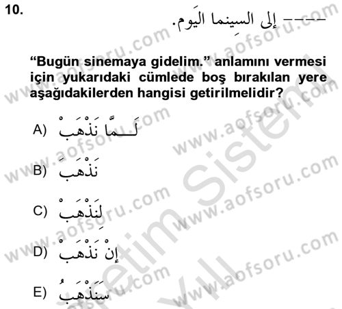 Arapça 3 Dersi 2021 - 2022 Yılı Yaz Okulu Sınav Soruları 10. Soru