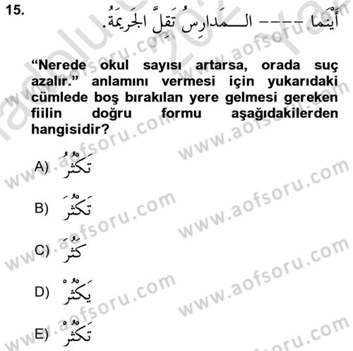Arapça 3 Dersi 2021 - 2022 Yılı Yaz Okulu Sınav Soruları 15. Soru