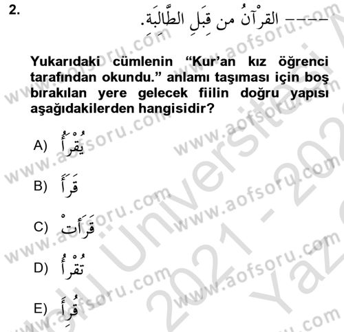 Arapça 3 Dersi 2021 - 2022 Yılı Yaz Okulu Sınavı 2. Soru