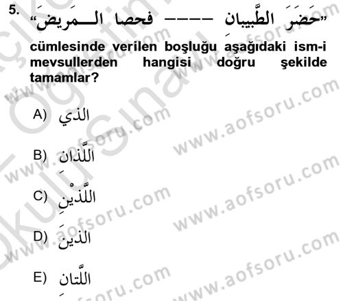 Arapça 3 Dersi 2021 - 2022 Yılı Yaz Okulu Sınavı 5. Soru