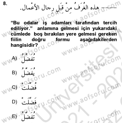 Arapça 3 Dersi 2021 - 2022 Yılı Yaz Okulu Sınav Soruları 8. Soru