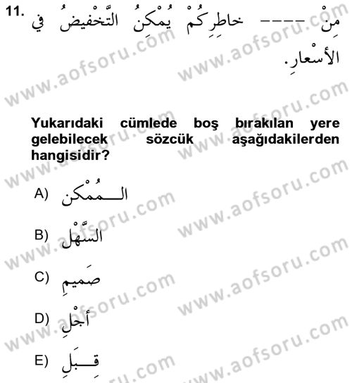 Arapça 3 Dersi 2022 - 2023 Yılı (Vize) Ara Sınav Soruları 11. Soru