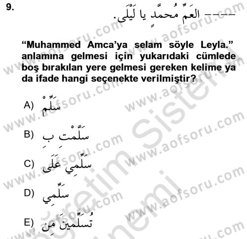 Arapça 3 Dersi 2022 - 2023 Yılı (Vize) Ara Sınav Soruları 9. Soru