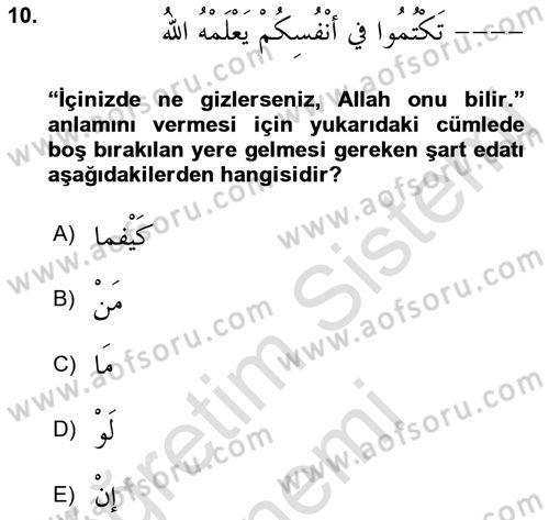 Arapça 3 Dersi 2022 - 2023 Yılı (Final) Dönem Sonu Sınav Soruları 10. Soru
