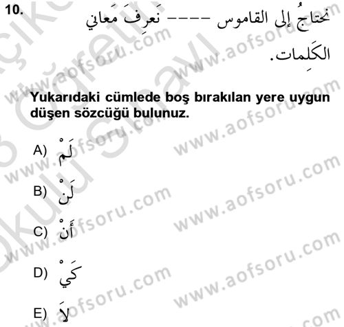 Arapça 3 Dersi 2022 - 2023 Yılı Yaz Okulu Sınav Soruları 10. Soru