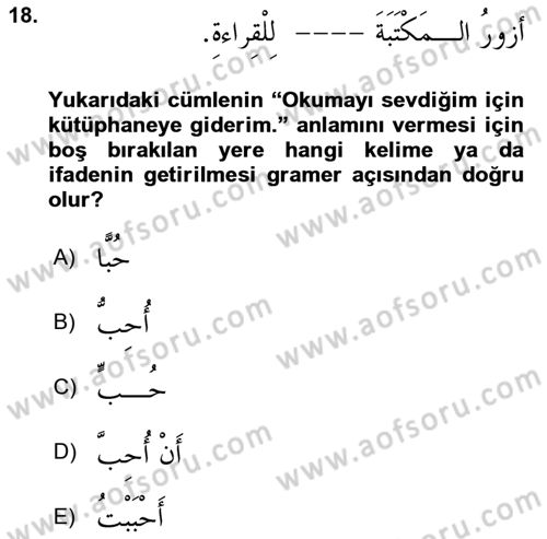 Arapça 3 Dersi 2022 - 2023 Yılı Yaz Okulu Sınav Soruları 18. Soru