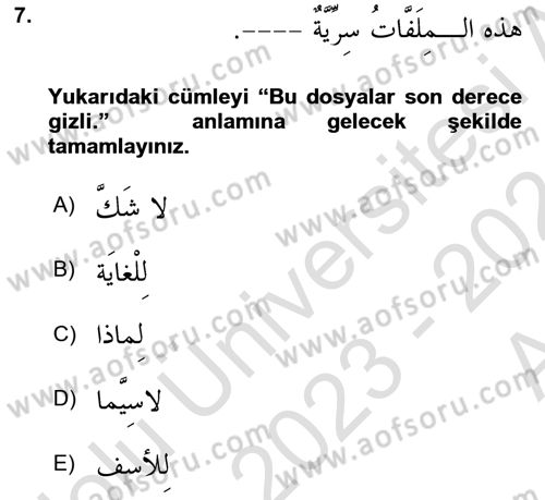Arapça 3 Dersi 2023 - 2024 Yılı (Vize) Ara Sınav Soruları 7. Soru