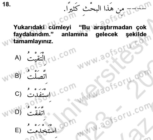 Arapça 3 Dersi 2023 - 2024 Yılı Yaz Okulu Sınav Soruları 18. Soru