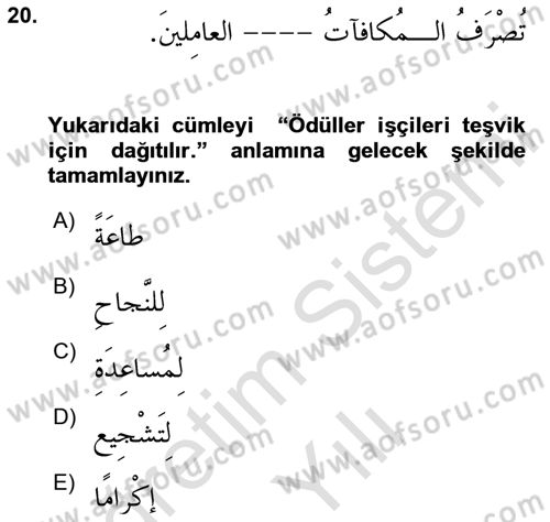 Arapça 3 Dersi 2023 - 2024 Yılı Yaz Okulu Sınav Soruları 20. Soru