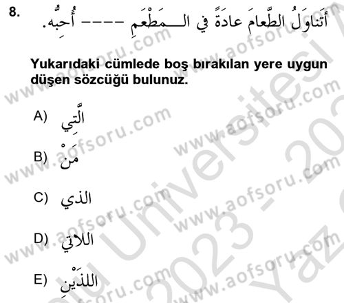 Arapça 3 Dersi 2023 - 2024 Yılı Yaz Okulu Sınav Soruları 8. Soru