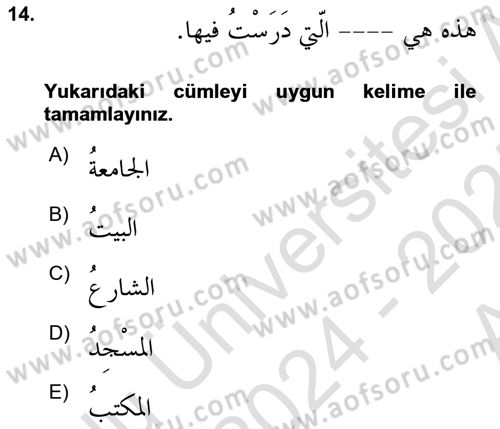 Arapça 3 Dersi 2024 - 2025 Yılı (Vize) Ara Sınav Soruları 14. Soru