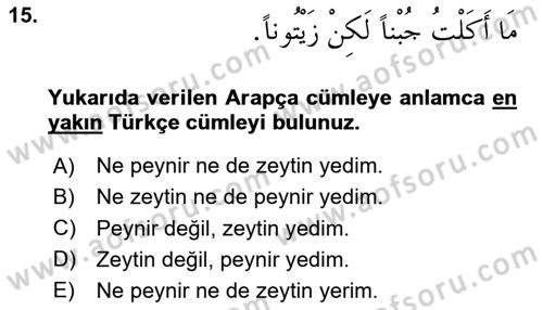 Arapça 3 Dersi 2024 - 2025 Yılı Yaz Okulu Sınav Soruları 15. Soru