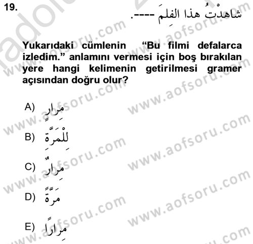 Arapça 3 Dersi 2024 - 2025 Yılı Yaz Okulu Sınav Soruları 19. Soru