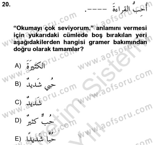 Arapça 3 Dersi 2024 - 2025 Yılı Yaz Okulu Sınav Soruları 20. Soru