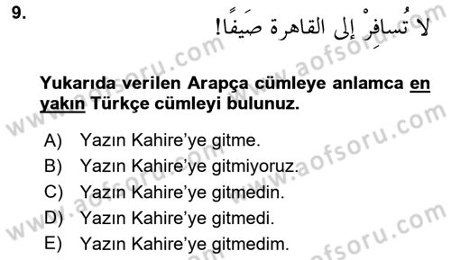 Arapça 3 Dersi 2024 - 2025 Yılı Yaz Okulu Sınav Soruları 9. Soru