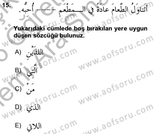 Arapça 3 Dersi 2025 - 2026 Yılı (Vize) Ara Sınav Soruları 15. Soru