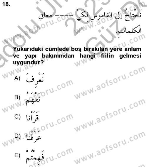 Arapça 3 Dersi 2025 - 2026 Yılı (Vize) Ara Sınav Soruları 18. Soru