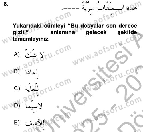 Arapça 3 Dersi 2025 - 2026 Yılı (Vize) Ara Sınav Soruları 8. Soru