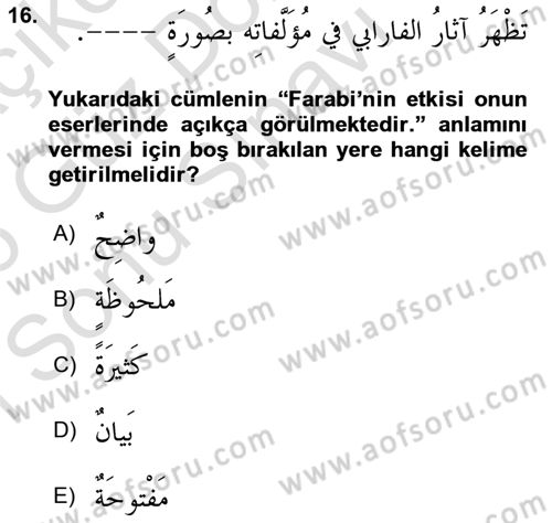 Arapça 3 Dersi 2025 - 2026 Yılı (Final) Dönem Sonu Sınav Soruları 16. Soru