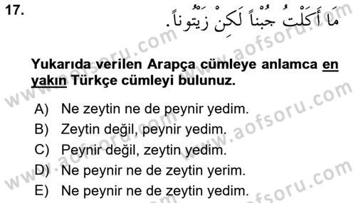 Arapça 3 Dersi 2025 - 2026 Yılı (Final) Dönem Sonu Sınav Soruları 17. Soru