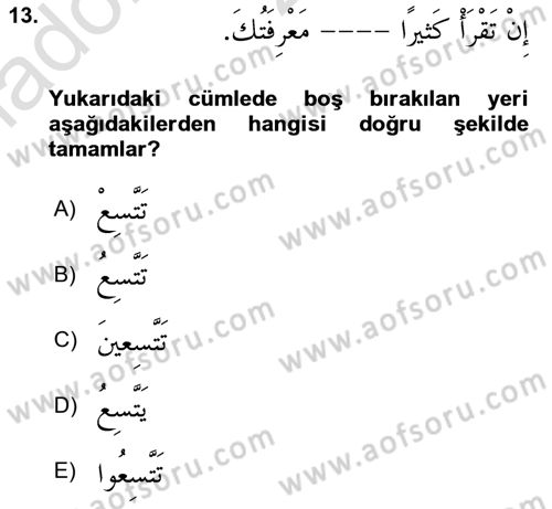 Arapça 3 Dersi 2025 - 2026 Yılı Yaz Okulu Sınav Soruları 13. Soru
