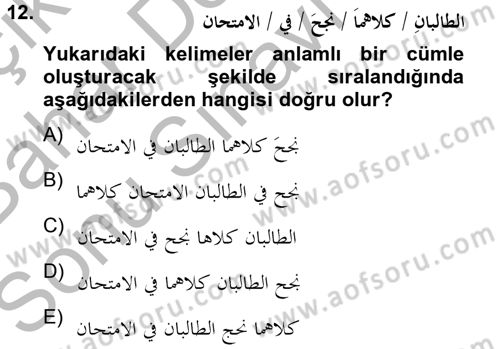 Arapça 4 Dersi 2012 - 2013 Yılı (Final) Dönem Sonu Sınav Soruları 12. Soru