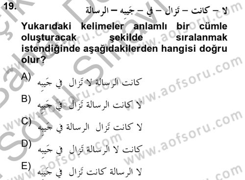 Arapça 4 Dersi 2012 - 2013 Yılı (Final) Dönem Sonu Sınav Soruları 19. Soru