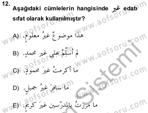Arapça 4 Dersi 2013 - 2014 Yılı (Vize) Ara Sınav Soruları 12. Soru