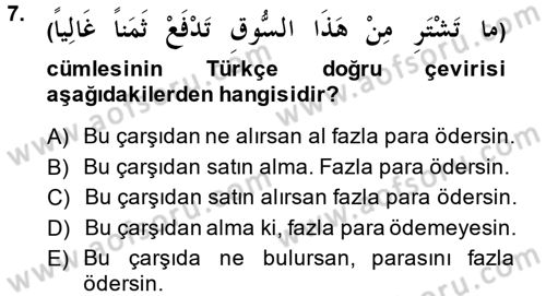 Arapça 4 Dersi 2013 - 2014 Yılı (Final) Dönem Sonu Sınav Soruları 7. Soru