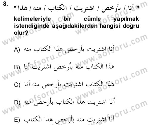 Arapça 4 Dersi 2014 - 2015 Yılı (Final) Dönem Sonu Sınav Soruları 8. Soru